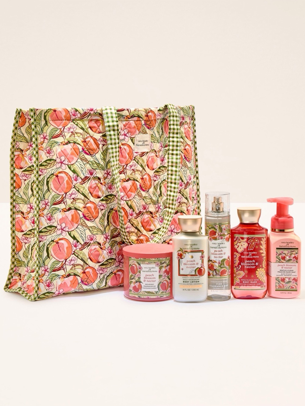 Bath & Body Works/Vera Bradley peach motive quilted tote with product inside